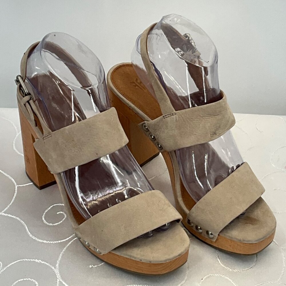 Frye 8.5M Tan Suede Block‎ Wood Heel Sandals 3473621-TPE